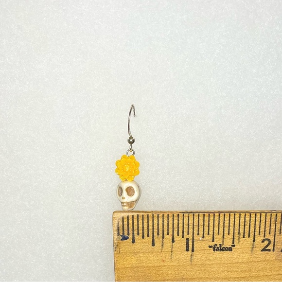 Dainty Skull Day of the Dead Earrings with Yellow Roses - Picture 4 of 6
